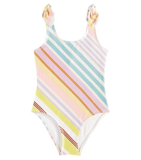 Halliday striped bow-detail swimsuit in multicoloured - Zimmermann Kids | Mytheresa Summer Swim, Designer Kids Clothes, Kids Swimwear, Swimwear Outfit, 2024 Collection, Bow Detail, Denim Top, Stripe Print, Playsuit Jumpsuit