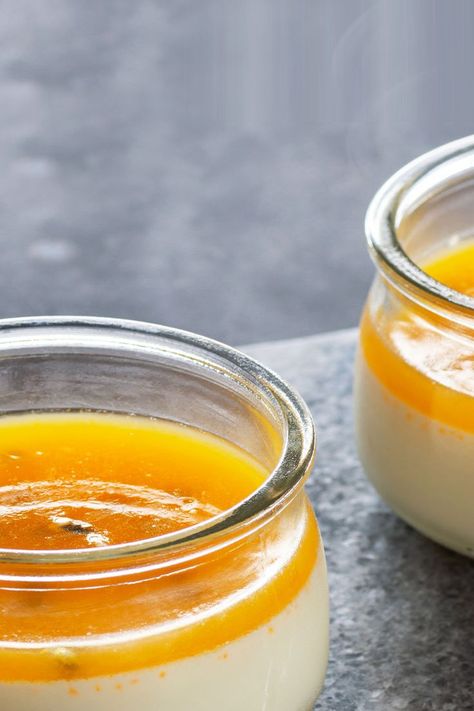 Ingredients: Puree: 500g fresh mango 40g caster sugar Panna Cotta: 350ml crème fraîche 200ml semi-skimmed milk 400ml mango puree 8 cardamom pods, crushed 3 ½ level tsp gelatine 3 tbsp water Coulis: 100ml puree 3 tsps triple sec 1 passion fruit Mango Panna Cotta Recipe, Mango Panna Cotta, Mango Coulis, Cardamom Pods, Panna Cotta Recipe, Skimmed Milk, Mango Puree, Triple Sec, Skim Milk