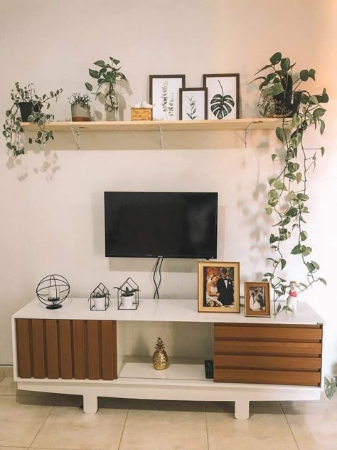 Tv Stand Decor Small Living Room, Living Room Tv Shelf Decor, Floating Shelf Above Mounted Tv, Tv Stand For Small Living Room, Floating Shelf Above Tv, Above Tv Decor, Shelf Over Tv, Shelf Above Tv, Tv Stand Decor Living Room