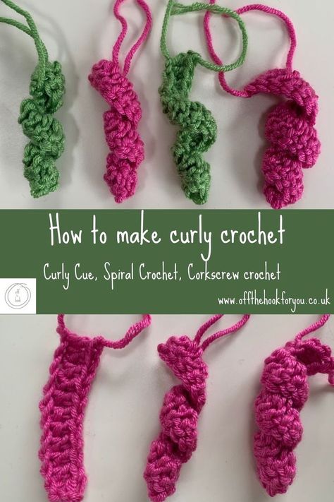 How to make crochet curly. A quick and easy guide to make a curly cue, spiral crochet, or corkscrew crochet. Crochet Curly Cues, Hair Accessories Pattern, Paw Crochet, Worry Worm, Crochet Curls, Crochet Spiral, Spiral Crochet, Crochet Festival, Easy Crochet Stitches