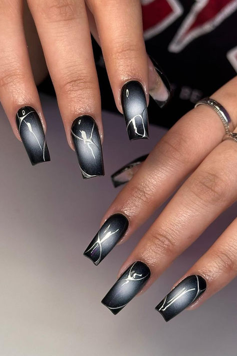 Captivating black coffin nails adorned with ethereal white aura and intricate silver veins, a modern twist on classic elegance. ✨ // Photo Credit: Instagram @mxs.nails Coffin Airbrush Nails, Dark Airbrush Nail, Black Classic Nails, Short Silver And Black Nails, Airbrush Black Nails, Black And White Airbrush Nails, Goth Aura Nails, Black And Silver Aura Nails, Chrome Nails Designs Black