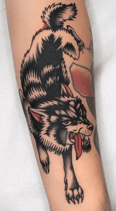 Crawling Wolf Tattoo Traditional, American Traditional Husky Tattoo, Trad Wolf Tattoo, Wolf Types, Trad Dog Tattoo, American Traditional Wolf Tattoo, Wolf Traditional Tattoo, Traditional Dog Tattoo, Hellhound Tattoo