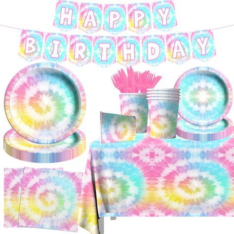 PRICES MAY VARY. 🌈【Tie Dye Kit Includes】You will receive 142pcs tie dye birthday party supplies includes: 1pc happy birthday banner, 1pc tie dye tablecloth, 40pcs dinner plates (2 sizes), 20pcs cups, 40pcs napkins, 20 knives and forks, our tie dye themed birthday party decorations will bring you a joyful atmosphere. 🎁【High Quality Tie Dye Tableware】The birthday party plates and napkins sets are made of safe and non-toxic material. The tie dye tablecloth is made of plastic, easy use and storage Party Plates And Napkins, Tie Dye Birthday Party, Pool Party Supplies, Glamping Birthday, Hip Hop Birthday, Tie Dye Birthday, Birthday Party Plates, Tie Dye Party, Colorful Birthday Party