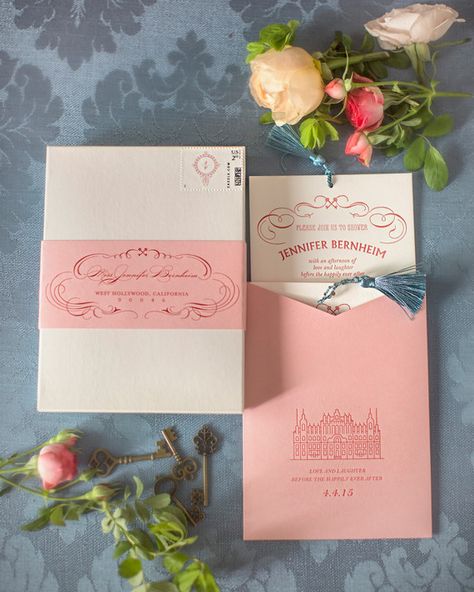 The stationery featured cheeky wording and whimsical designs. Prim and Pixie designed the pieces, which were letterpressed and tucked into a coral-colored paper sleeve finished off with an illustration of the hotel that inspired it all, the date of the event, and the saying “love and laughter before happily ever after.” The suite was delivered in boxes boasting a band printed with each recipient’s address and a custom postage stamp. Grand Budapest Hotel Wedding, Paris Bridal Shower Theme, Wes Anderson Wedding, Hotel Budapest, The Grand Budapest Hotel, Pre Wedding Party, Grand Budapest Hotel, Grand Budapest, Wedding Invitation Inspiration