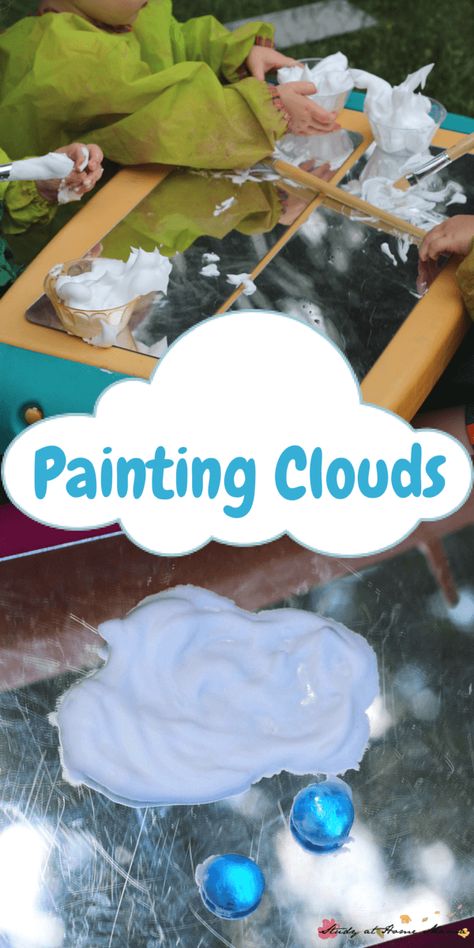 Process Art & Sensory Activities for Children meet in this fun shaving cream cloud painting art activity, perfect to explore while learning about clouds Cloud Activities, Painting Ideas For Kids, Painting Clouds, Mobile Craft, Weather Crafts, Children Painting, Rainbow Mobile, Weather Theme, Cloud Dough