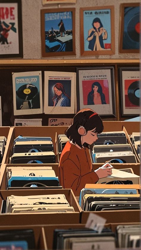 2ebd1e04-6e1e-4edc-b8bd-b87718300619 Person browsing vinyl records in a cozy music store with vintage posters and record covers. | Sky Rye Design Vintage Aesthetic Music Posters, Chill Lofi Aesthetic, Creating A Comic, Comic Storyboard, Lofi Art, Text Elements, Lofi Aesthetic, Vinyl Store, Vintage Illustration Art