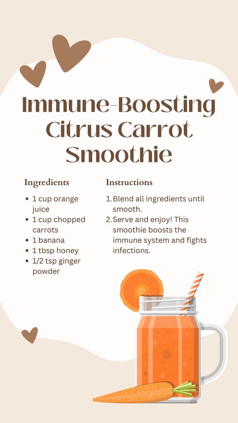 Brighten your family's day with the zesty goodness of this Immune-Boosting Citrus Carrot Smoothie Recipe, perfect for cozy moments at home. Celebrate the joys of motherhood and homemaking with every nutritious sip! #affiliate Immune Boost Smoothie, Brain Boosting Smoothies, Sick Smoothie Recipes, Immunity Smoothie Recipes, Smoothie With Carrots, Carrot Smoothie Recipe, Immune Boosting Smoothie Recipes, Immunity Smoothie, Immune Boosting Smoothie