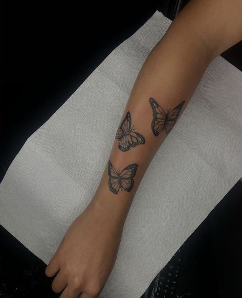 Butterfly On Forearm, 3 Butterflies Tattoo On Arm, Butterfly Tats On Arm, Simple Butterfly Tattoo Arm, Sleeve Of Small Tattoos, Butterflies On Forearm Tattoo, First Tattoo Ideas For Women Forearm, Butterfly Arm Tattoos For Women Sleeve, Butterflies On Arm Tattoo