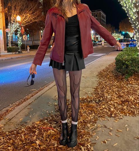 Flame Tights Outfit, Leather Outfit Inspiration, Leather Jacket Fall Aesthetic, Autumn Outfits Red Leather Jacket, Red Dress And Jacket Outfit, Petite Leather Jacket Outfit, Red Outfit Concert Ideas, Dark Red Leather Pants Outfit, Flame Outfit Aesthetic