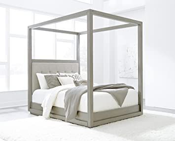 Modus Furniture Solid Wood Canopy Bed, California King, Oxford - Mineral Wood Canopy Bed, Queen Canopy Bed, Modus Furniture, Wood Canopy, Button Tufted Headboard, Box Spring Bed, Bed Springs, Canopy Bed, Grey Bedding