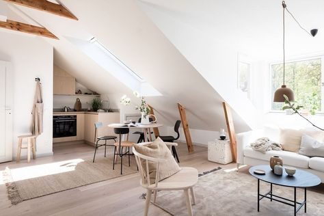 A Scandinavian Attic Apartment with Plenty of Natural Light - The Nordroom Attic Room Minimalist, Modern Attic Apartment, Attic Apartment Living Room, Small Attic Apartment Sloped Ceiling, Scandinavian Attic Apartment, Barn Loft Apartment Scandinavian, Small Attic Apartment, Attic House, Small Attic