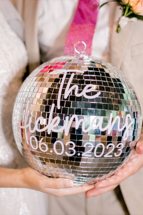 Disco Ball Wedding Photobooth, Disco Theme Rehearsal Dinner, Disco Ball Themed Wedding, Personalised Disco Ball, Personalized Disco Ball, Disco Ball Welcome Sign, Hanging Disco Balls Wedding, Wildflower Disco Ball Wedding, Disco Ball Centerpiece Ideas Wedding