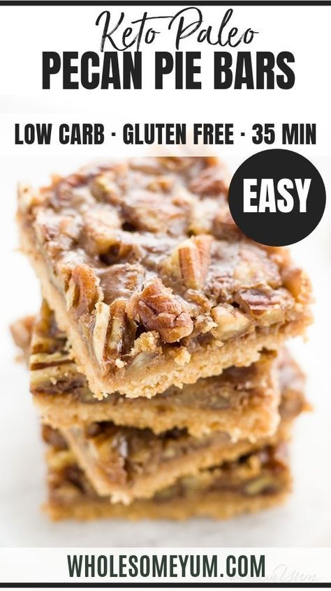 Paleo Pecan Pie Bars (Low Carb, Gluten-Free) - These healthy, paleo pecan pie bars are gooey and crunchy at the same time. Low carb, sugar-free, gluten-free, and super easy to make. #wholesomeyum #lowcarb #glutenfree #snack #dessert Gluten Free Pecan Bars, Paleo Pecan Pie, Dolce Poche Calorie, Entertaining Snacks, Desserts Keto, Postre Keto, Low Carb Cake, Keto Christmas, Low Carb Muffins