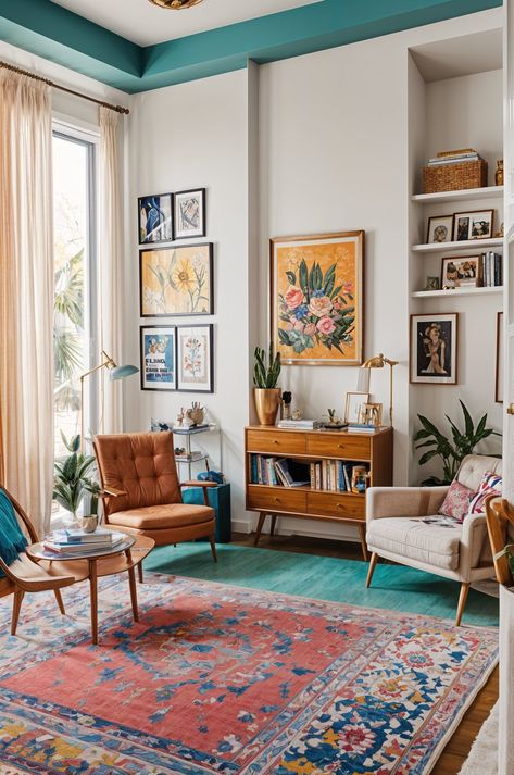 Eclectic Living Room with a Mix of Furniture, Artwork, and Plants - Design Ideas AI Teal Eclectic Living Room, White Eclectic Living Room, Eclectic Bedrooms, Eclectic Interior Design Vintage, Colorful Midcentury, Mcm Living Room, Eclectic Decor Vintage, Living Room Decor Eclectic, Living Room Wood Floor