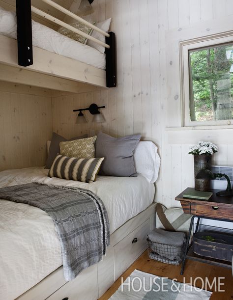 Another guest room tucked away in this cottage’s boathouse has built-in captain beds. | Photographer: Monica Richard Designer: Douglas Dawson Bunkie Ideas, Cottage Inspiration, Guest Cabin, Tiny Cottage, Cabin Interiors, Cottage Bedroom, Cottage Plan, Guest Cottage, Bunk Room