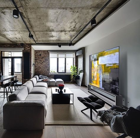 Concrete Industrial Interior, Industrial Concrete Wall, Industrial Living Room Ideas, Industrial Living Room, Interior Industrial, Industrial Loft Design, Loft Designs, Blue Interiors, Industrial Home Design