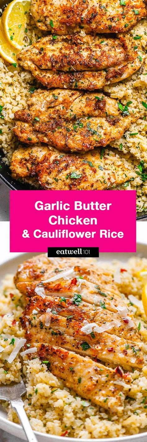 Garlic Butter Chicken with Parmesan Cauliflower Rice - #eatwell101 #recipe Crispy, soft and SO delish! Perfect for when you want to come home to a delicious gluten-free, low-carb dinner. #Garlic #Butter #Chicken #Parmesan #Cauliflower #Rice #glutenfree, l#owcarb #dinner. - #recipe by #eatwell101® Parmesan Cauliflower Rice, Chicken With Parmesan, Parmesan Cauliflower, Garlic Butter Chicken, Carb Dinner, Low Carb Dinner, Rice Crispy, Cauliflower Recipes, Butter Chicken