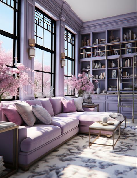 Purple Home Aesthetic, Purple House Interior Ideas, Lilac Living Room Ideas, Lavender Dining Room, Lavender Living Rooms, Purple Library, Lilac Living Room, Purple Living Room Ideas, Purple Interior Design