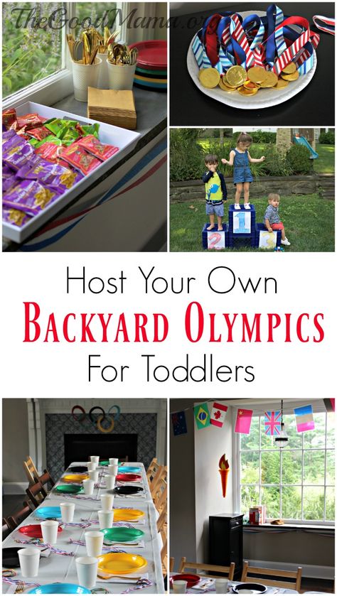 Host Your Own Backyard Olympics for Toddlers Toddler Olympic Games, Olympics For Toddlers, Baby Olympics Games, Olympic Games Birthday Party, Toddler Olympic Activities, Olympic Theme Birthday Party For Kids, Olympic Games For Toddlers, Backyard Olympics For Kids, Olympic Activities For Toddlers