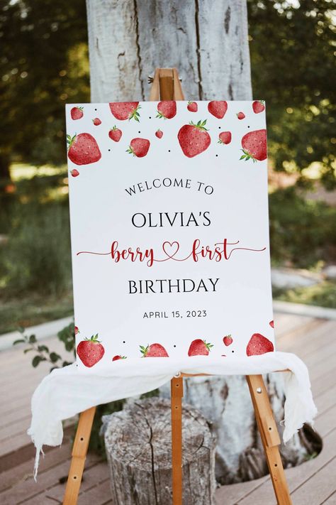 One Strawberry Birthday, 1st Birthday Welcome Sign, First Birthday Welcome Sign, One Strawberry, Baby First Birthday Themes, Strawberry Theme, Berry First Birthday, Strawberry Birthday, First Birthday Cake Topper