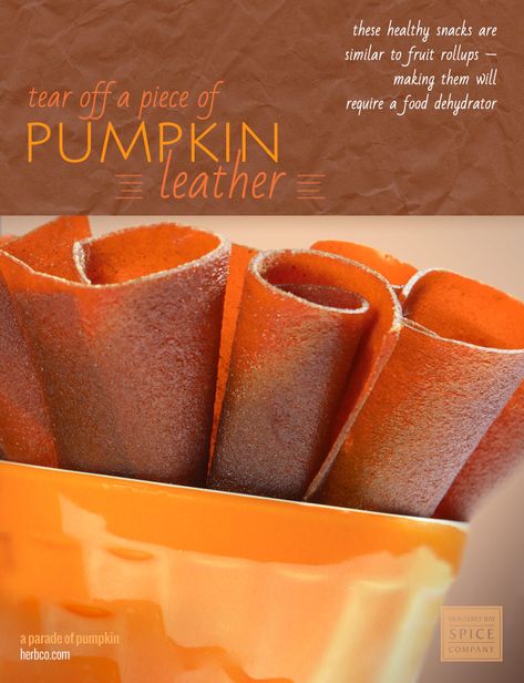 [ Recipe: Pumpkin Leather ] ~ from Monterey Bay Spice Co Pumpkin Leather Recipe, Fruit Roll Ups Homemade, Fruit Leather Dehydrator, Fruit Rollups, Fruit Leathers, Dehydrating Food Storage, Pumpkin Fruit, Homemade Fruit Leather, Fruit Leather Recipe