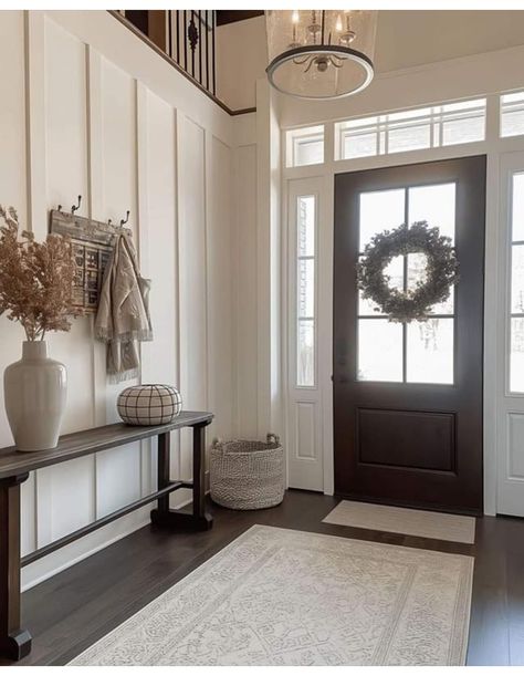 Wide Foyer Ideas Entryway, Batten Walls, Foyer Ideas Entryway, Farmhouse Entry, Home Entryway, Elegant Entryway, Earthy Home Decor, Entry Stairs, Living Space Decor