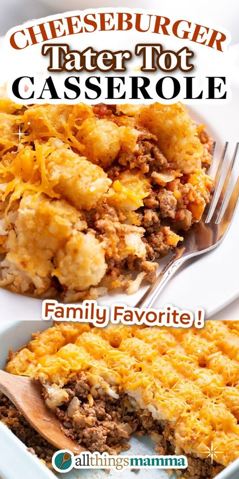 Cheeseburger Tater Tot Casserole social collage graphic Cheeseburger Tater Tot, Easy Hamburger Meat Casseroles, Hamburger Meat Recipes Tater Tots, Recipes With Tator Tots Dinners, Tator Tots And Ground Beef Recipes, Meal Ideas For Dinner Ground Beef, Cheeseburger Tot Casserole, Tator Tot Cheese Burger Casserole, Tater Tot Ground Beef Casserole