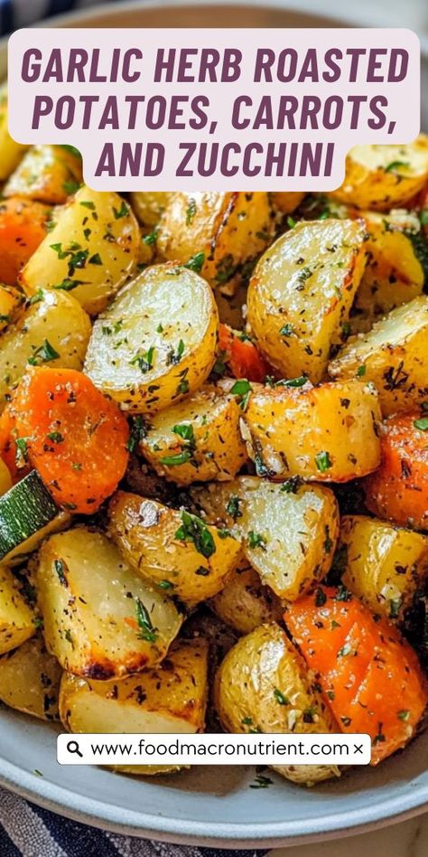 Savor the goodness of seasonal vegetables with this flavorful dish featuring roasted potatoes, carrots, and zucchini tossed in garlic and herbs. A healthy and tasty side that will impress your family and friends at any gathering! Roasted Potatoes Carrots, Carrots And Zucchini, Roasted Potatoes And Carrots, Turkey And Stuffing, Classic Turkey, Herb Roasted Potatoes, Seasonal Vegetables, Garlic Potatoes, Thanksgiving Recipe