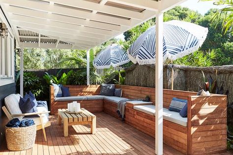 Undercover seating means the outdoor area can be used rain, hail or shine. Exterior Bench, Bay Cottage, Outdoors Indoors, Side Yards, Luxury Holiday, Side Yard, Studio Ideas, Outdoor Deck, Deck Design