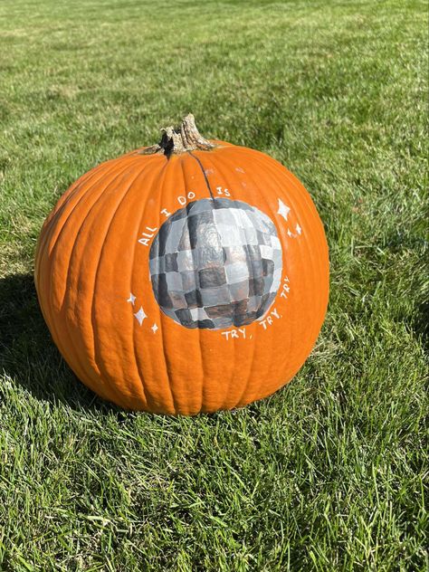 Aesthetic Pumpkin Designs, Eras Tour Pumpkin Painting, Taylor Swift Pumkin Ideas, Music Pumpkin Painting, Taylor Swift Halloween Pumpkin, Disco Ball Pumpkin Painting, Taylor Swift Pumpkin Ideas, Swiftie Pumpkin, Pumpkin Painting Ideas Taylor Swift