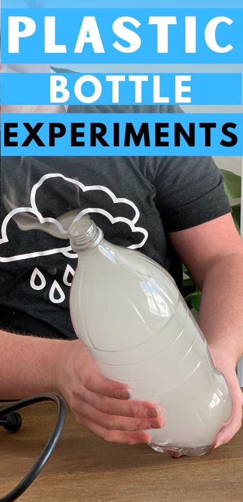 You can do so many fun science experiments with plastic bottles Plastic Bottle Science Project, Kid Experiments At Home, Cloud In A Bottle, Cloud Experiments, Easy Experiments, Weather Experiments, Fun Experiments For Kids, Cloud In A Jar, Cool Science Projects