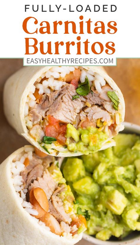 A fully-loaded carnitas burrito is one of my favorite meal prep dishes that's also great for freezer meals, parties, or family dinner nights. With slow-cooked shredded pork, easy homemade guac, tender white rice, and all the best burrito mix-ins, this simple recipe is full of flavor. I'll even walk you through a totally foolproof method for rolling perfect burritos every time. How To Make Carnitas, Carnitas Burrito, Pork Burritos, Homemade Guac, Best Burrito, Family Dinner Night, Burrito Recipe, Slow Cooked Pork, Rice Dinner