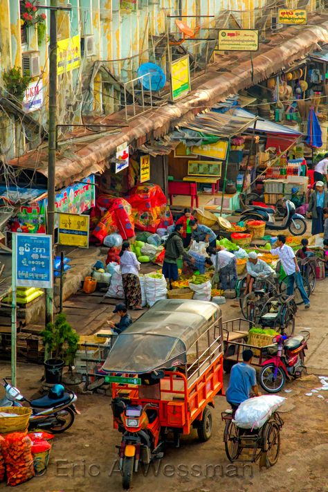 Busy street scene at morning market. Mawlamyine, Myanmar (Burma). Fantasy Marketplace, Mawlamyine, Vintage Myanmar, Mural Cafe, Myanmar Travel, Timber Architecture, World Street, Indian Market, Outdoor Pictures