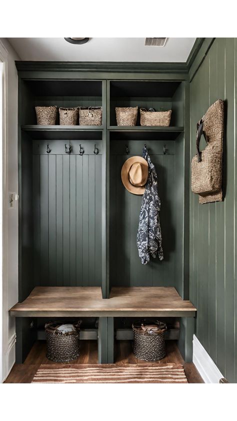 Green Mudroom Bench, Green Cabinets Mudroom, Sage Mudroom, Sage Green Mudroom, Natural Wood Shiplap, Green Mudroom, Green Shiplap, Shiplap Interior, Green Entryway