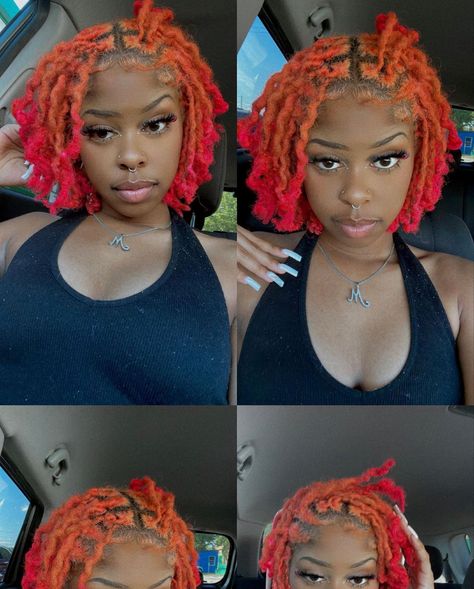 Dreadlock Dye Ideas For Black Women, Dyed Short Locs Black Women, Dreadloc Color Ideas, Two Color Hair Dye Ideas Locs, Half Dyed Locs Black And Ginger, Dyed Dreads Women, Cute Loc Colors, Colorful Dreads Black Women, Two Tone Loc Color