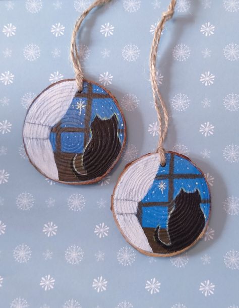 Black cat sat on the windowsill, gazing at the stars. Wood slice hanging decorations. Hand painted. Set of 2 by XPressNails on Etsy Gazing At The Stars, Wood Slice Decor, Bethlehem Christmas, Wood Slice Art, Hand Painted Cat, Wreath Hanger, Star Of Bethlehem, Wood Burning Art, Painted Ornaments