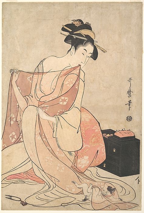 Kitagawa Utamaro (Japanese, 1753–1806). A Woman and a Cat, ca. 1793–94. Edo period (1615–1868), Japan. The Metropolitan Museum of Art, New York. H. O. Havemeyer Collection, Bequest of Mrs. H. O. Havemeyer, 1929 (JP1672) Art Chinois, Japanese Artwork, Japanese Geisha, Art Japonais, Ukiyo E, Arte Inspo, Edo Period, Japanese Woodblock Printing, A4 Poster