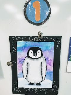 Elements of the Art Room: 1st grade Snowy Penguins 1st Grade Art Projects Winter, First Grade Winter Art Projects, Penguin Art Project, Winter Art Grade 1, First Grade Winter Art, 1st Grade Winter Art Projects, Penguin Art Projects For Kids, Kindergarten Winter Art Projects, Art For Grade 1