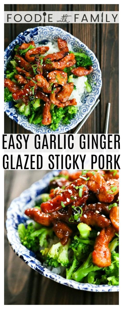 Easy Garlic Ginger Glazed Sticky Pork is tender strips of pork glazed with an easy sticky, sweet, spicy, garlicky, gingery sauce. Garlic Ginger Glazed Sticky Pork, Asian Pork Loin Recipes Stir Fry, Dinner Ideas With Ginger, Garlic Ginger Pork Stir Fry, Pork Soy Sauce Recipe, Pork And Rice Recipes Stir Fry, Pork Stir Fry Recipe, Asian Pork Stir Fry Recipes, Sticky Pork Stir Fry