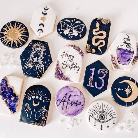 Zodiac Cookies Decorated, Mystic Birthday Party, Zodiac Cookies, Celestial Cookies Decorated, Astrology Cookies, Tarot Card Cookies, Celestial Cookies, Crystal Ball Cookies, Witchy Cookies