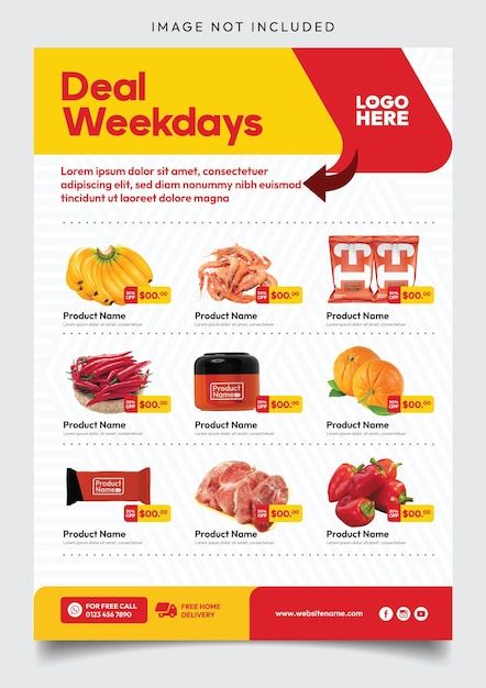 Supermarket deals weekdays promotion fly... | Premium Vector #Freepik #vector Supermarket Brochure, Supermarket Poster, Grocery Flyer, Visual Design Inspiration, Price Tag Design, Promo Flyer, Promotion Flyer, Catalog Template, Advertising Flyers