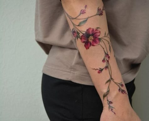 Flower Tattoo On Arm, Rose Vine Tattoos, Arm Wrap Tattoo, Flower Vine Tattoos, Around Arm Tattoo, Wrap Around Tattoo, Tattoo On Arm, Wrap Tattoo, Tattoos For Women Flowers