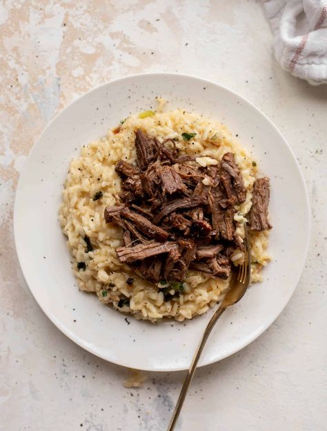 Braised Short Ribs with Charred Scallion Risotto Short Rib Risotto Recipe, Short Ribs With Risotto, Short Rib Risotto, Ribs Recipes, Boneless Beef Short Ribs, Cozy Recipes, Rib Meat, Risotto Recipe, Braised Short Ribs