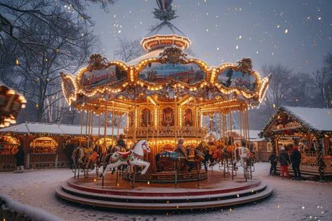 A charming Christmas fair scene features a snowy setting with a beautifully decorated carousel, where children are stock photos Kids Laughing, Charming Christmas, Carousel, Stock Images, Stock Photos, Festival, Christmas, Beauty