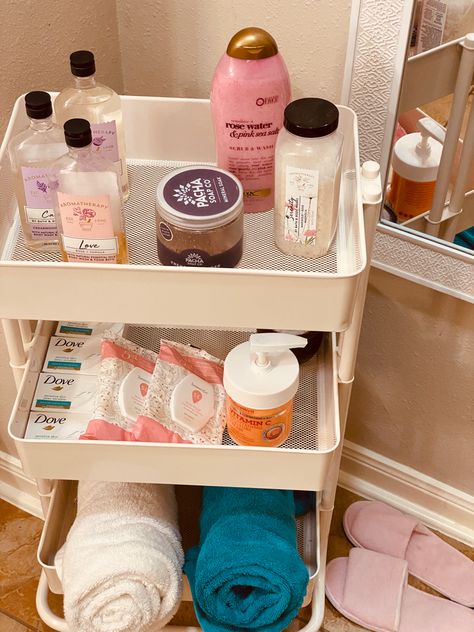 Shower Cart, Bath Cart, Bathroom Rolling Cart, Cart Decorating Ideas Bedroom, Three Tier Cart Ideas, Bathroom Cart Ideas, 3 Tier Rolling Cart Ideas, Bathroom Cart, Fairy Lights In A Jar