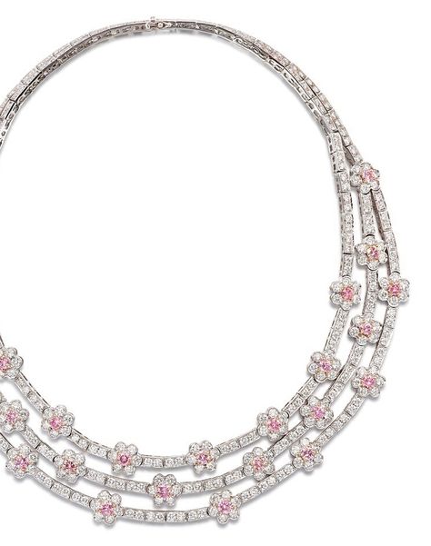 Pink Diamond Necklace, Diamond Parure, Colored Diamond Jewelry, The Bling Ring, Silver Diamond Necklace, Pink Diamonds, Flower Motifs, Ear Clips, Purple Sapphire