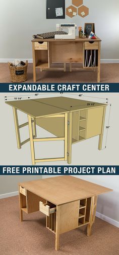 DIY Expandable Craft Center | Free printable project plans on buildsomething.com | Whether you’re working on craft projects, sewing, or pursuing another hobby, this craft table offers a large work surface that can be expanded when you need even more room. Plus this table has storage for all of your supplies. Build one for yourself, and you’ll be set to get your craft on! Easy Wood Projects, Easy Wood, Woodworking Projects That Sell, Diy Holz, Beginner Woodworking Projects, Wood Crafts Diy, Wood Plans, Woodworking Projects Plans, Wood Working For Beginners