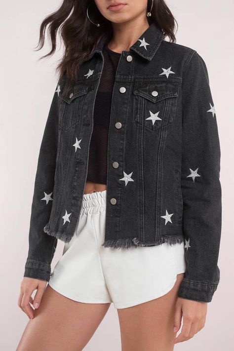 Our Dark Star Denim Jacket features embroidered stars throughout and a frayed hemline. Pair with matching black denim and red booties for a pop of col #shoptobi Star Denim Jacket, Sparkly Jacket, Two Piece Bridesmaid Dresses, Denim Overshirt, Dark Denim Jacket, Red Booties, Embroidered Stars, Denim Jacket Fashion, Fashion Teenage Girls