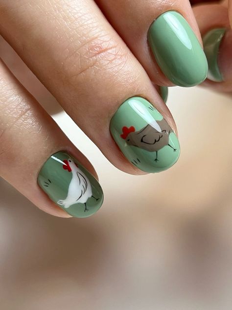 Nails With Chickens, Nature Nails Ideas, Farm Theme Nails, Farm Nail Art, Animal Inspired Nails, Farm Animal Nails Designs, Chicken Nails Designs, Tractor Nails, Pigeon Nails