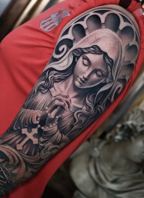 Virgin Mary Tattoo Back Pieces, Sacred Heart Tattoo On Chest, St Judas Tattoo, Religious Tattoos Sleeve, Chicano Tattoo Arm, Half Sleeve Tattoos Upper Arm, Jesus Tattoo Design For Men, Catholic Tattoos Sleeve, Hail Mary Tattoo